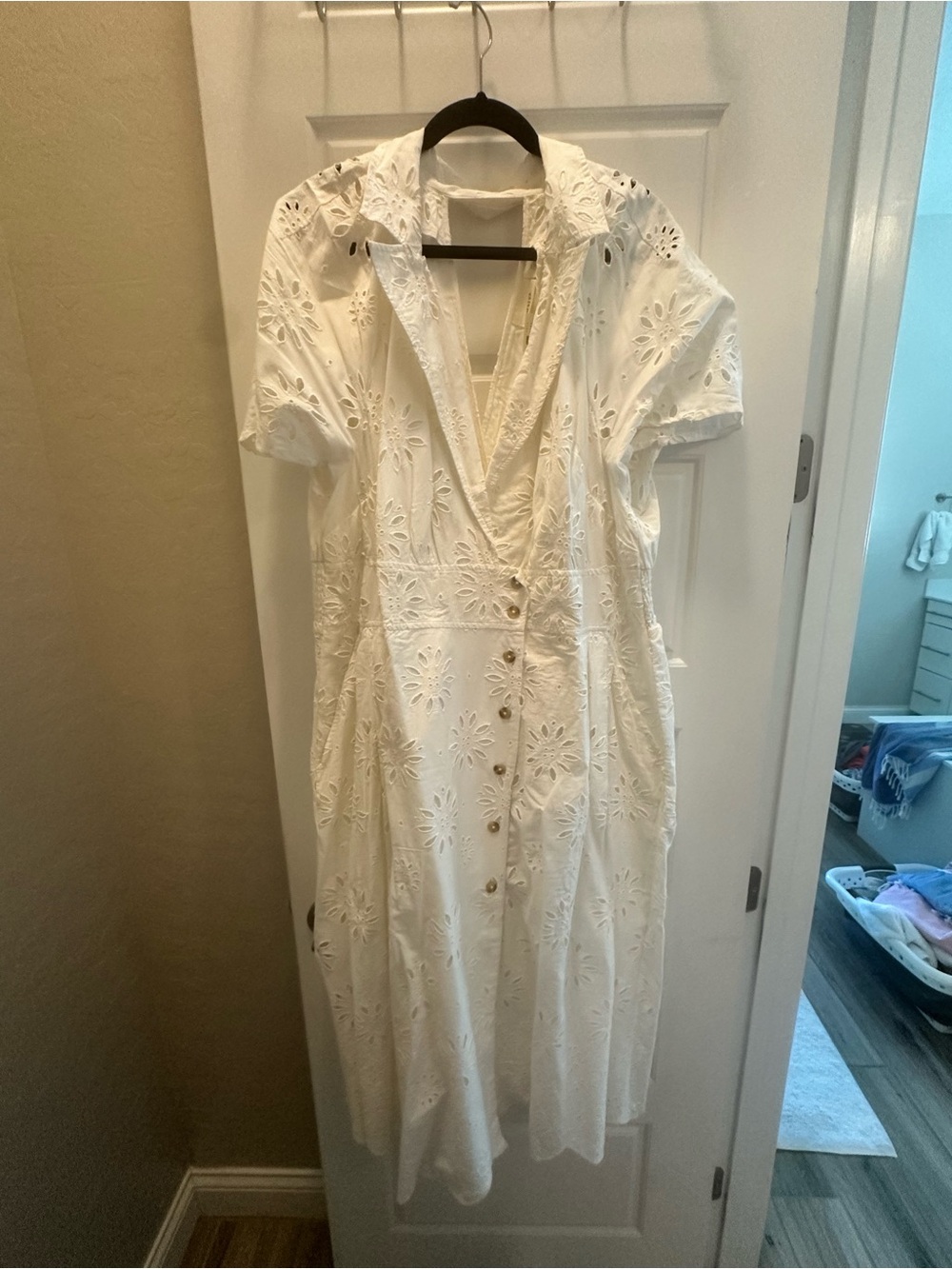 Anthropologie Maeve White Eyelet Button-Down Midi Dress